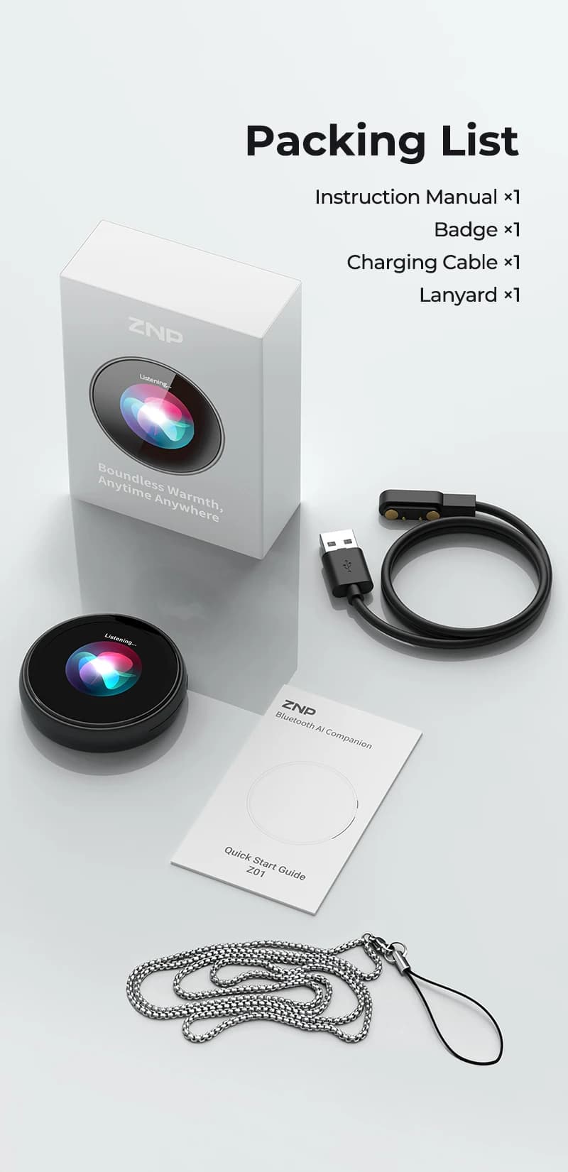 Badge intelligent interactif ZNP AI pour adultes Assistant d'IA, assistant émotionnel, traducteur