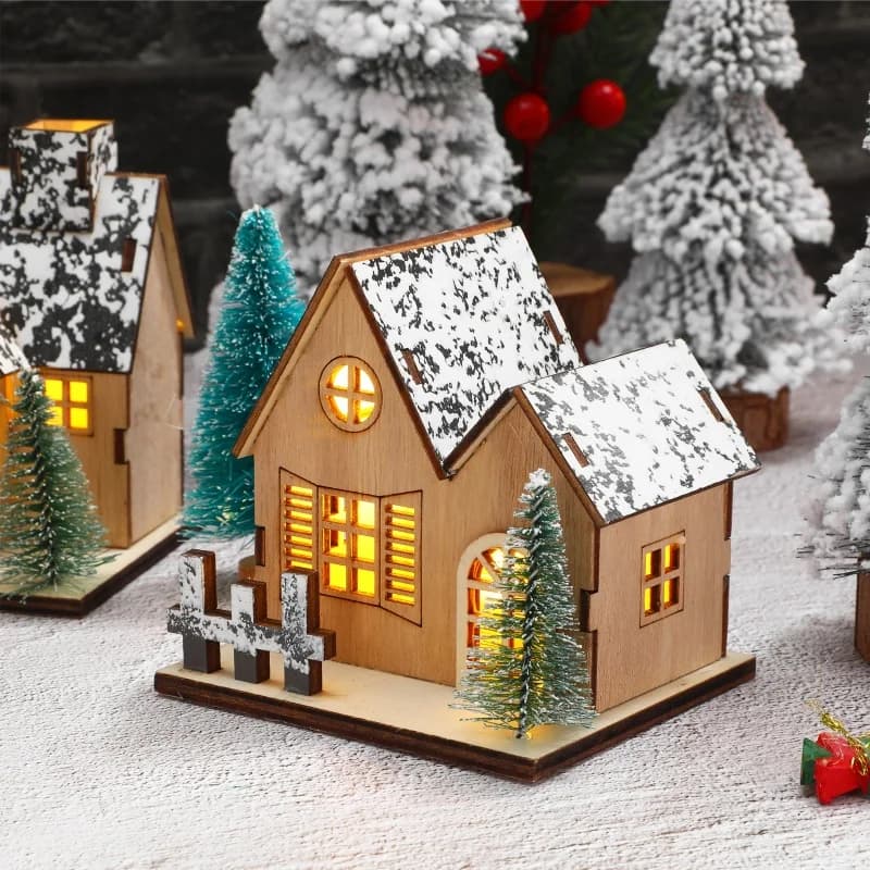 Maison de noël en bois LED, Village inachevé, maison de neige, bricolage, Chalet en bois, ornements