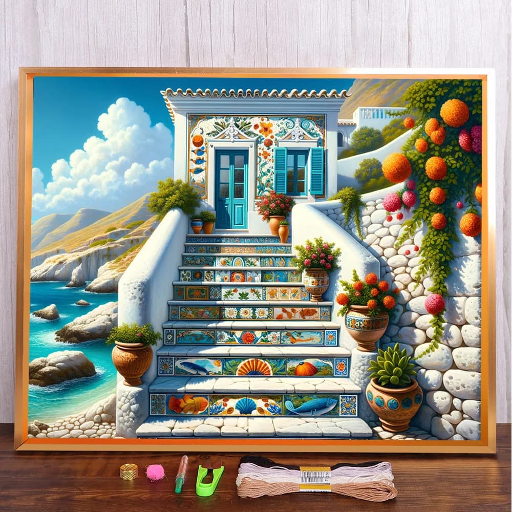 Toile imprimée maison au bord de mer 11CT, Kit de points de croix, bricolage, broderie, tricot, cout