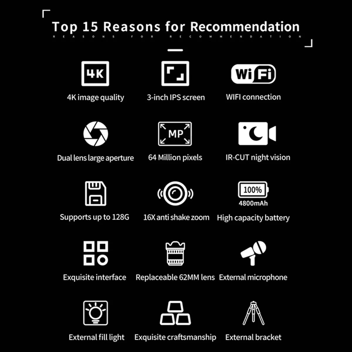 Caméra vidéo numérique D5 6400 mégapixels HD WiFi caméscope double objectif 4K avec affichage caméra