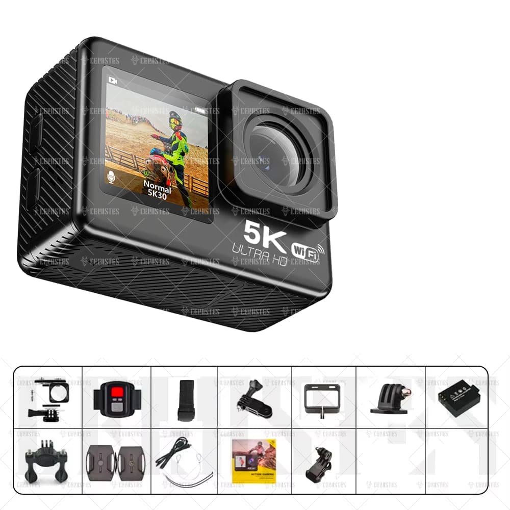 Caméra d'action CERASTES 5K 4K 60FPS WiFi Anti-secouement double écran 170 ° Caméra de sport étanc