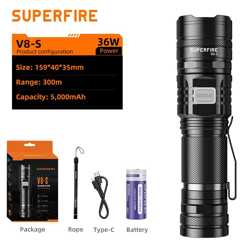 2025 SUPERFIRE V8-S lampe de poche LED Rechargeable mise au point télescopique 36W torche USB haute