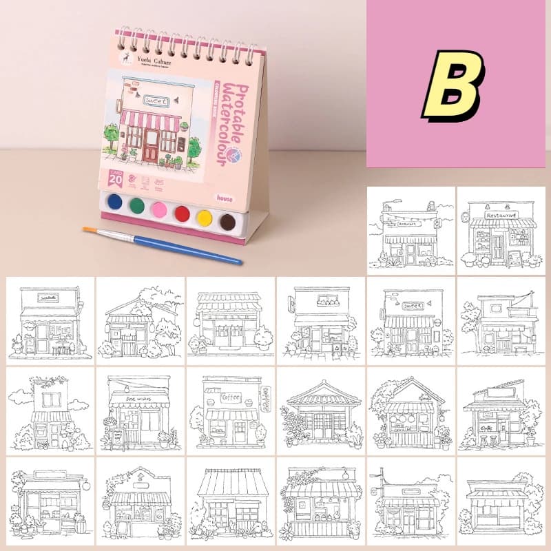 Mini livre de coloriage pour maison, 20 Pages, ensemble de peinture à l'aquarelle, 6 couleurs, artis