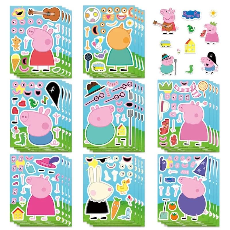 16 autocollants de dessin animé de puzzle d'assemblage familial de Peppa Pig, jouets éducatifs paren