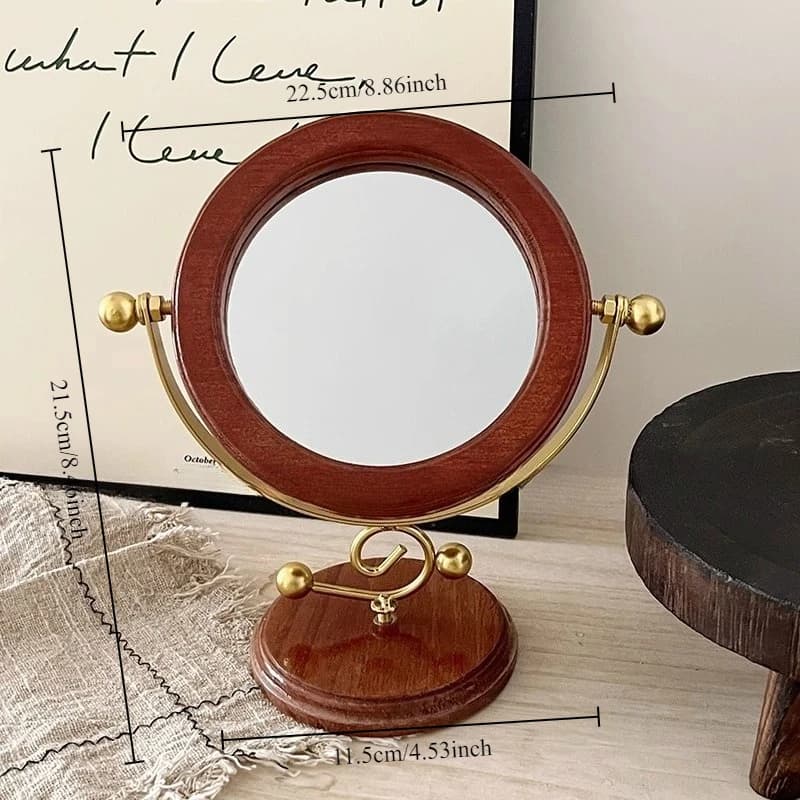 Miroir de maquillage rétro en bois massif, décoration de bureau, dortoir, bureau, vanité, miroir ron