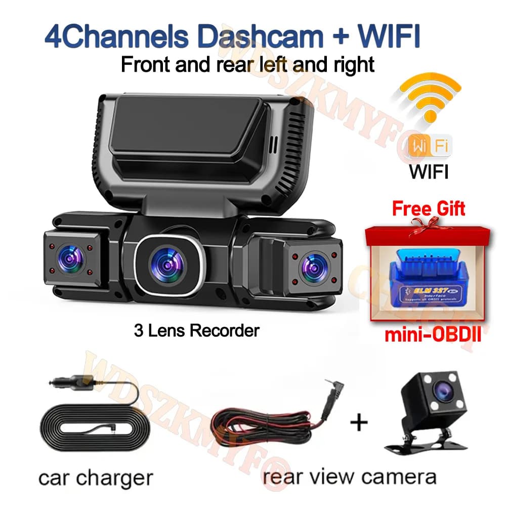 Caméra embarquée 4 objectifs WiFi, surveillance de stationnement 24h/24, HD 1080P 360° ° Caméra de