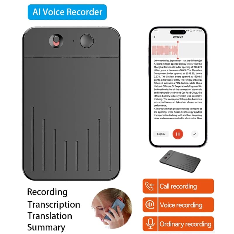 Enregistreur vocal AI, contrôle par application, dispositif de notation AI, transcription et sommati