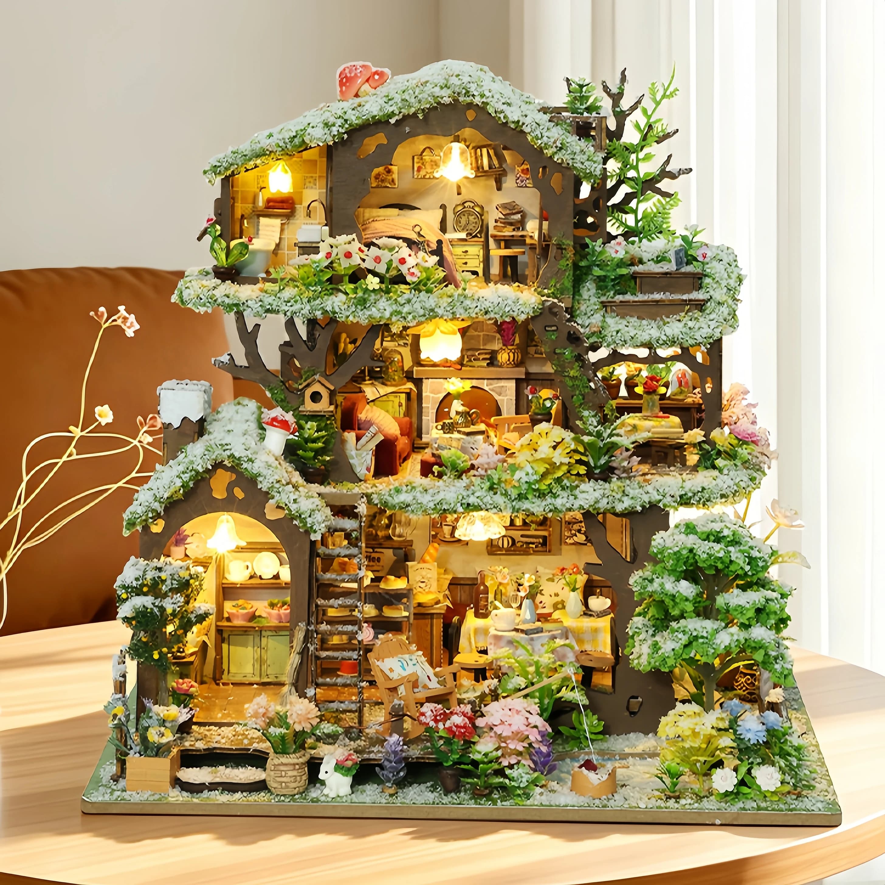 Kit de maison de poupée DIY en bois 3D, maisonnette de forêt hivernale faite à la main, décoration d