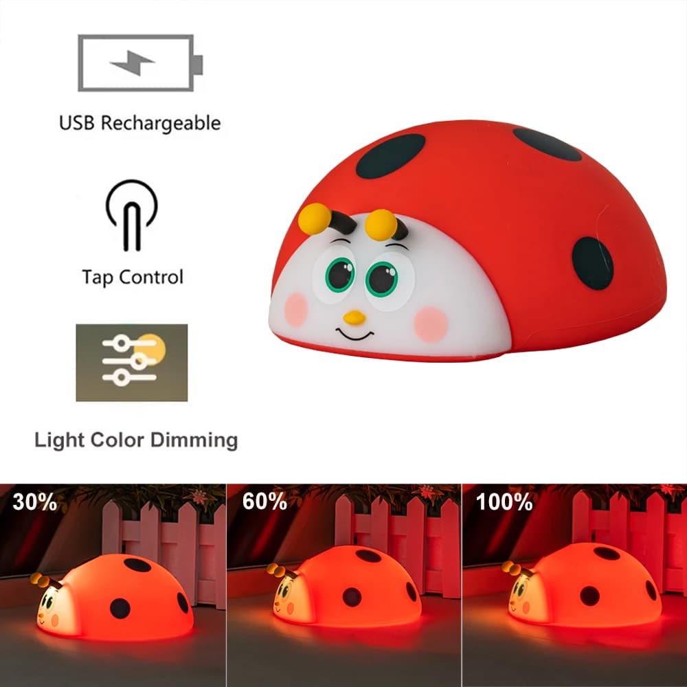 Coccinelle rouge RGB LED veilleuse mignon dessin animé animaux Silicone lampe capteur tactile synchr