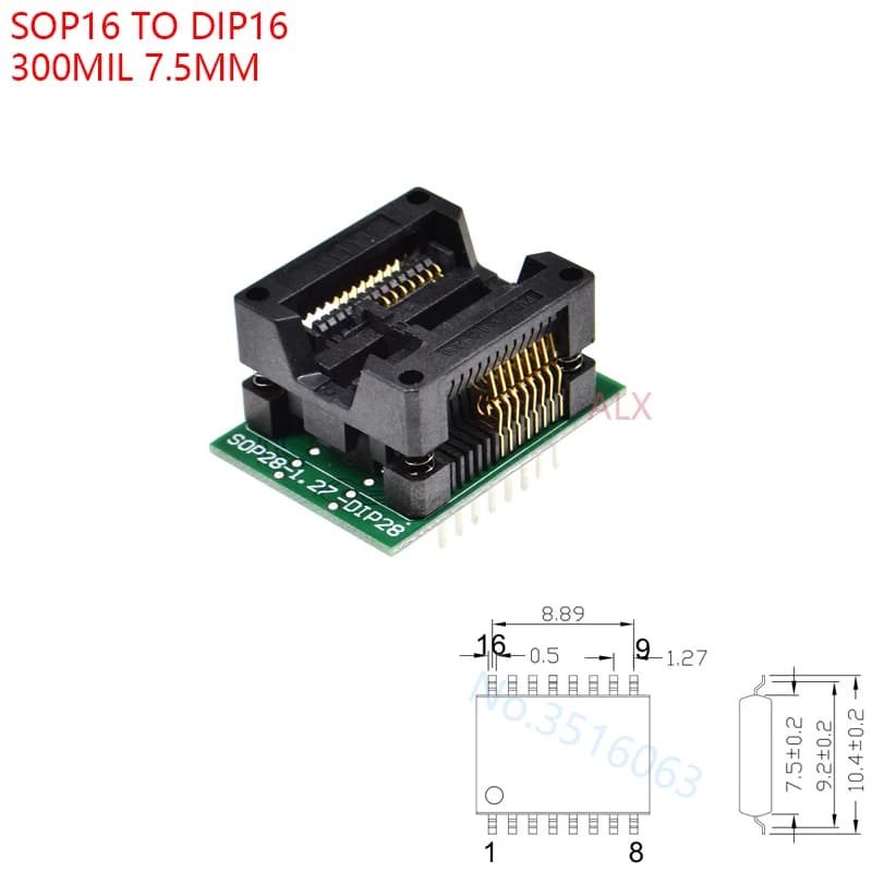 Soic16 Soic 16 Sop16 à Dip16 adaptateur de programmeur prise largeur du corps 7.5mm 300mil puce de T