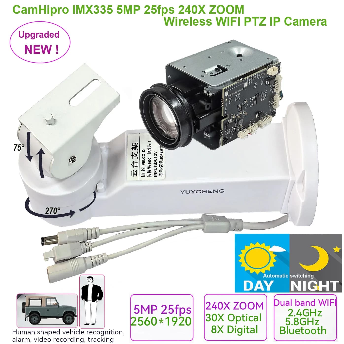 Camhi Caméra IP Wi-Fi sans fil 5MP 25fps avec support Pan-Tilt, zoom 240X, détection humanoïde, capt