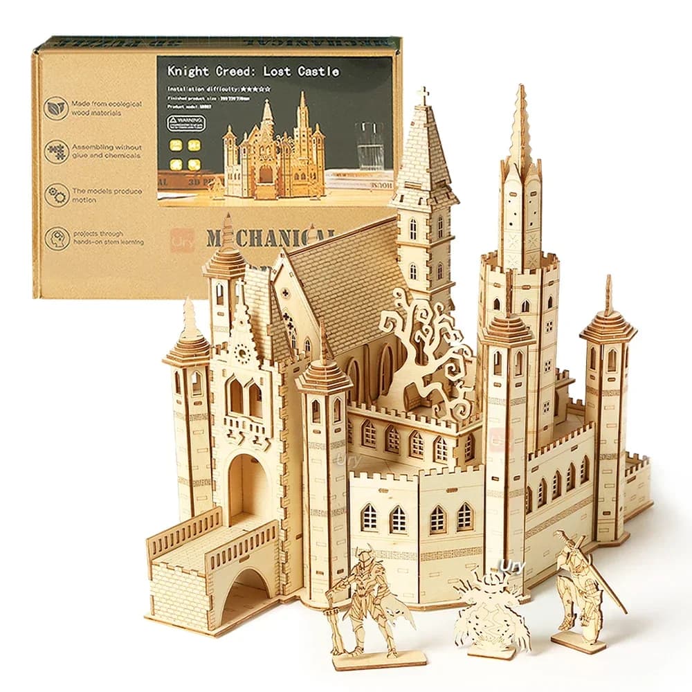 Puzzle en bois 3D URY, château royal des chevaliers, avec boîte, assemblage, jouet rétro pour adulte
