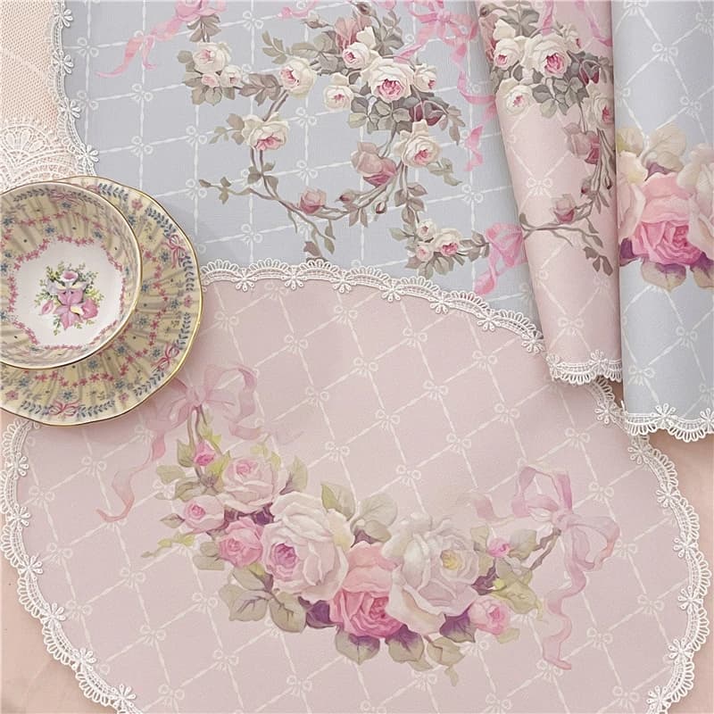 Set de Table Vintage Européen en Dentelle et Cuir avec Nministériels d, Imprimé Rose, Ovale, Accesso