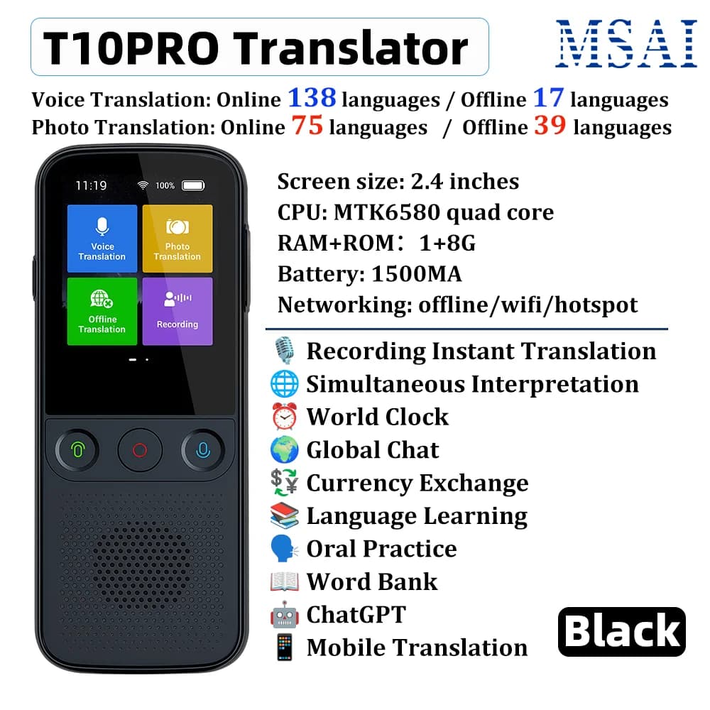 Traducteur vocal IA T10PRO, assistant IA intelligent ChatGPT, traduction vocale et photo en temps ré