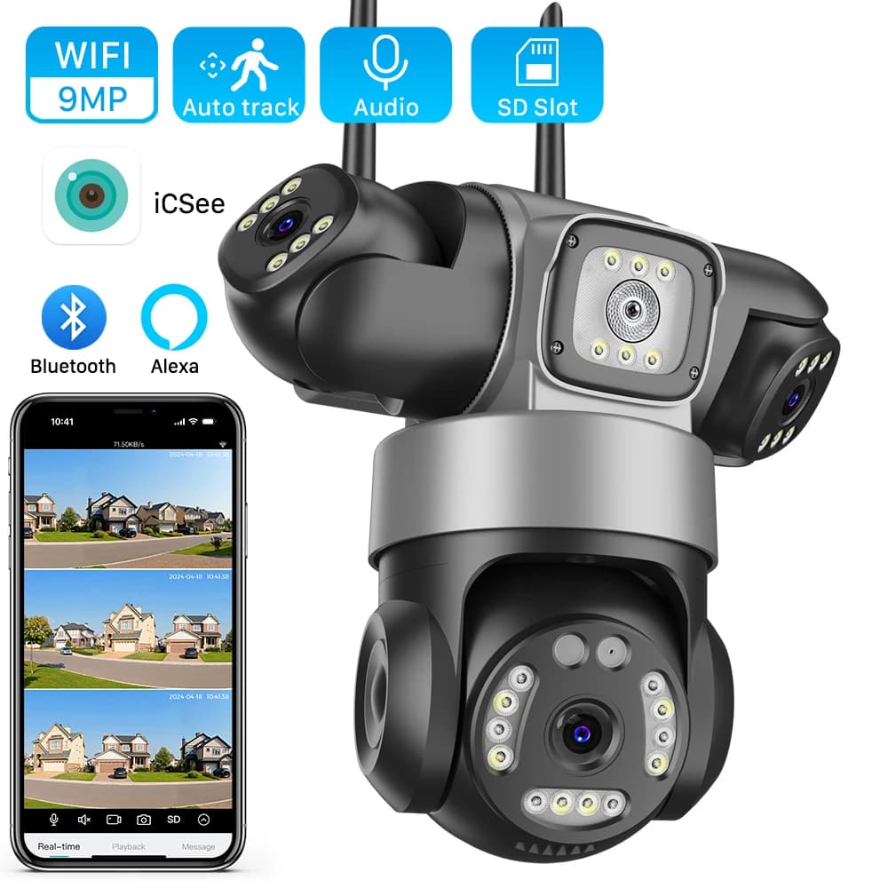 ICsee caméra IP PTZ sans fil 8K 15MP 3 lentilles 3 écrans 9MP 4K Audio bidirectionnel WiFi caméra de