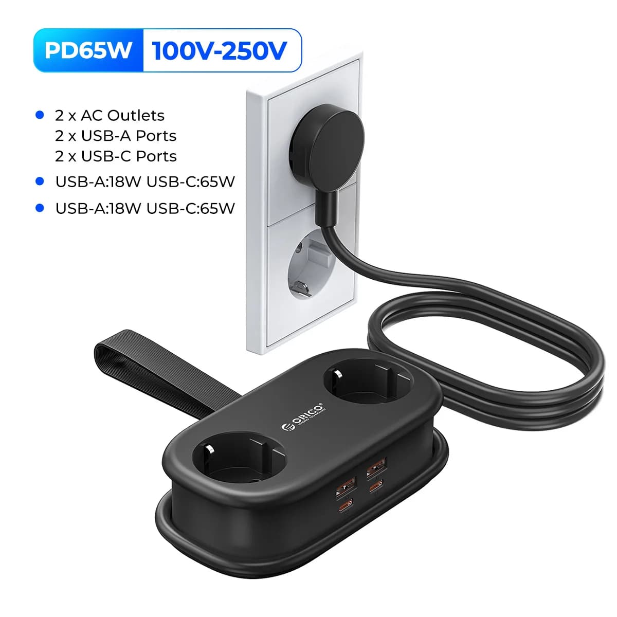 ORICO prise ue GaN 65W multiprise électrique 2 prises ca 2 ports USB 1 Type C prise rallonge charge