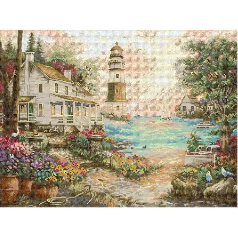 Cottage au bord de la mer phare paysage point de croix Kit 14 16 11CT toile blanche tissu imprimé br