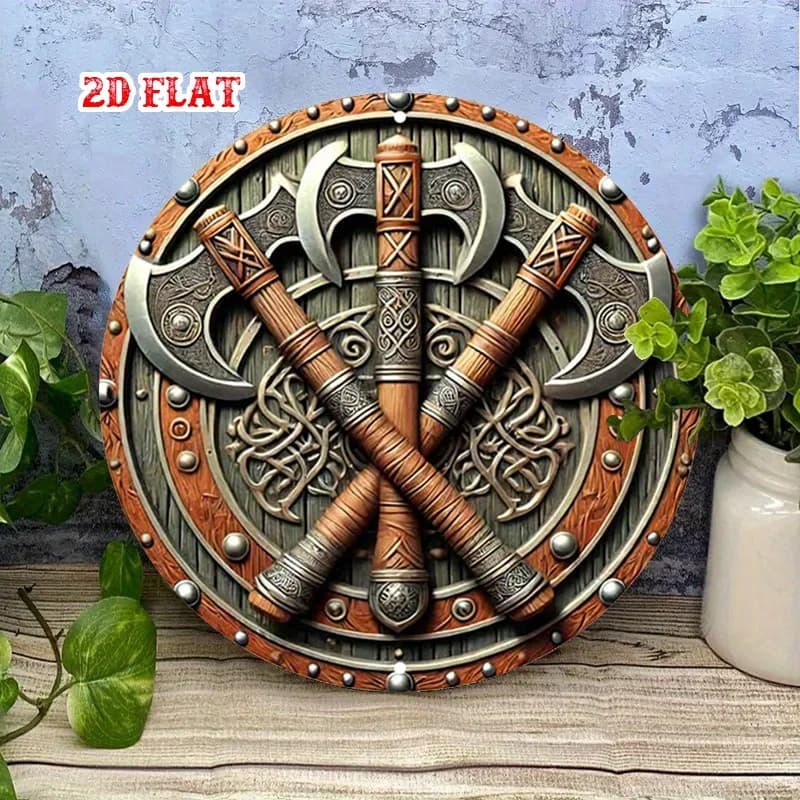 Décoration murale hache viking, panneau rond en aluminium style nordique rétro, décoration géométriq