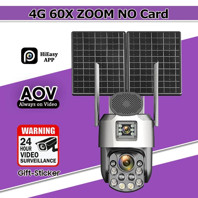 Caméras solaires d'enregistrement 24/7 AOV avec zoom optique 60X, double objectif, surveillance 4G/e