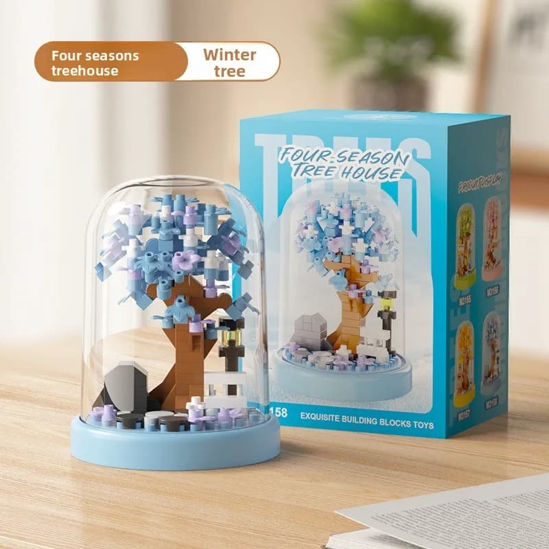 Mini maison d'arbre quatre saisons avec boîte de présentation, modèle de micro-blocs de construction