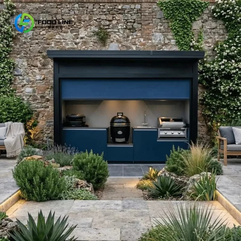Abri de cuisine extérieur personnalisé en acier inoxydable avec volets roulants, protection environn