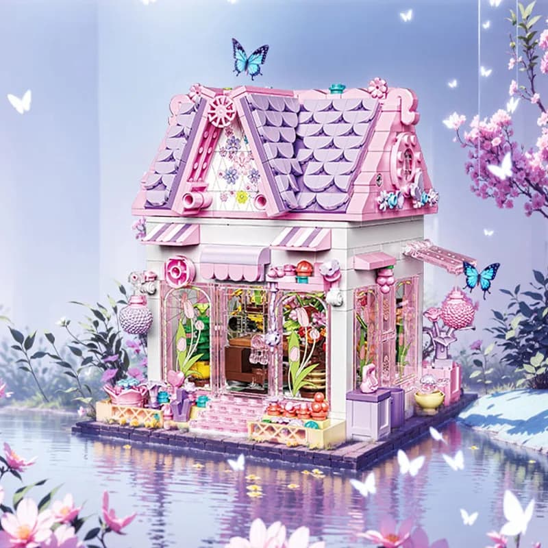 Reobrix33223 Maison de fleurs romantique Scène de rue Blocs de construction Décoration de bureau Mod