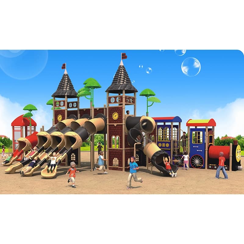 Aire de jeux extérieure pour enfants sur le thème de la cabane dans les arbres, toboggan en plastiqu