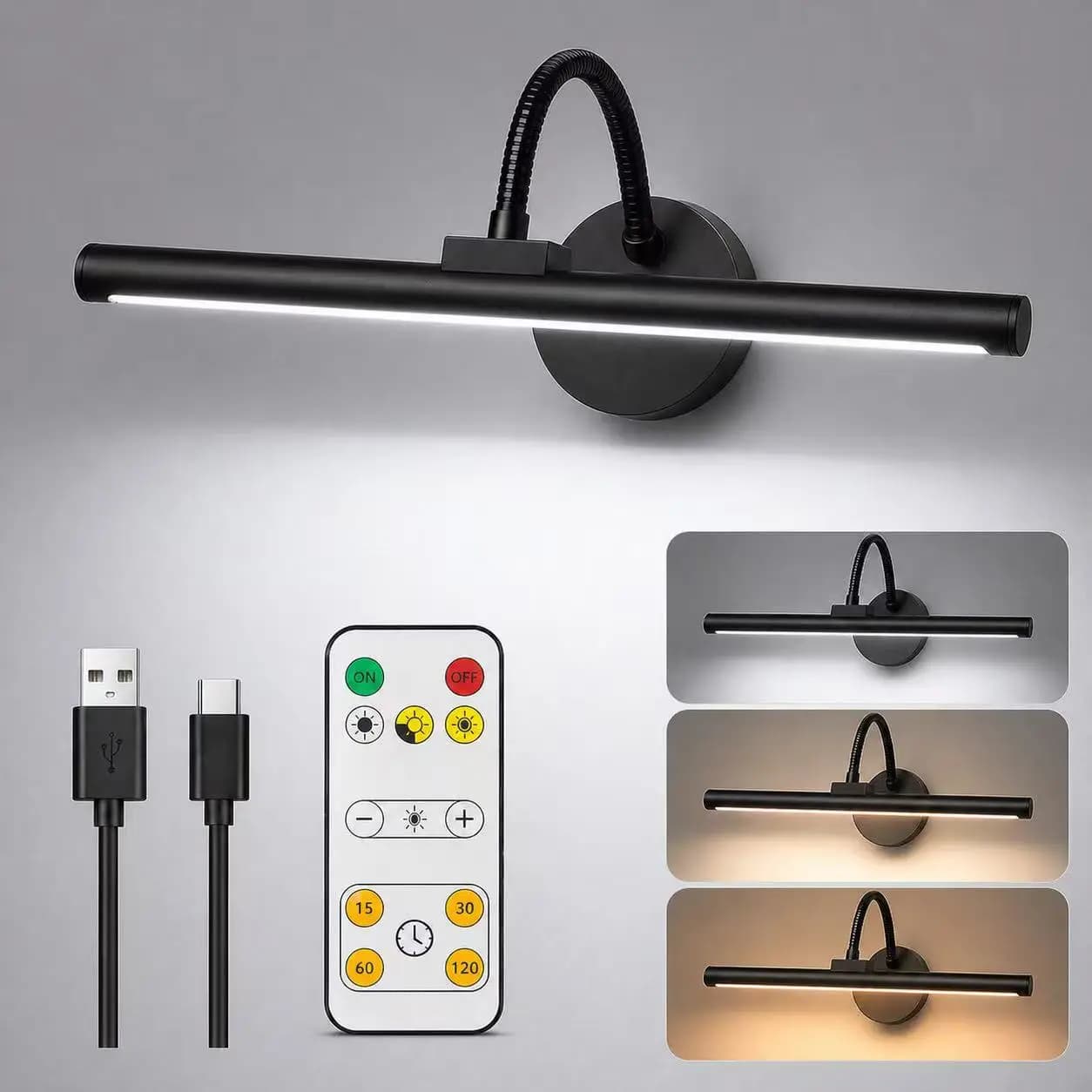 Lampe à LED sans fil rechargeable noire pour tableau mural avec télécommande, magnétique, pour peint