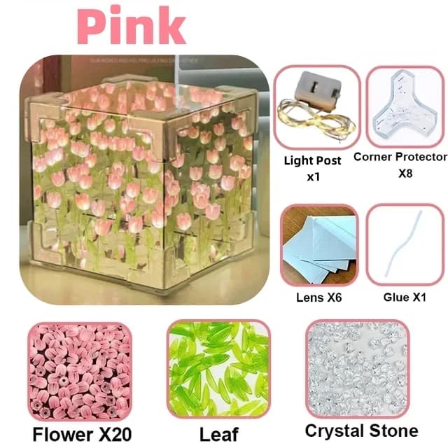 Lampe de table de couchage de chambre à coucher de fleur de simulation de cube de miroir de tulipe,