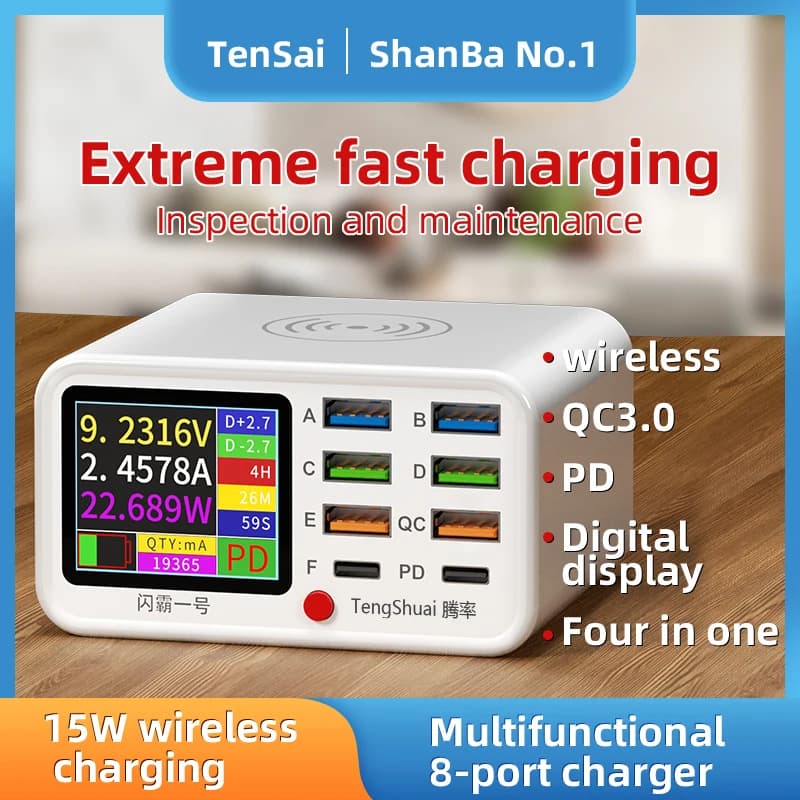 Station de charge rapide USB sans fil multifonctionnelle à 8 ports, détection visuelle du courant, c