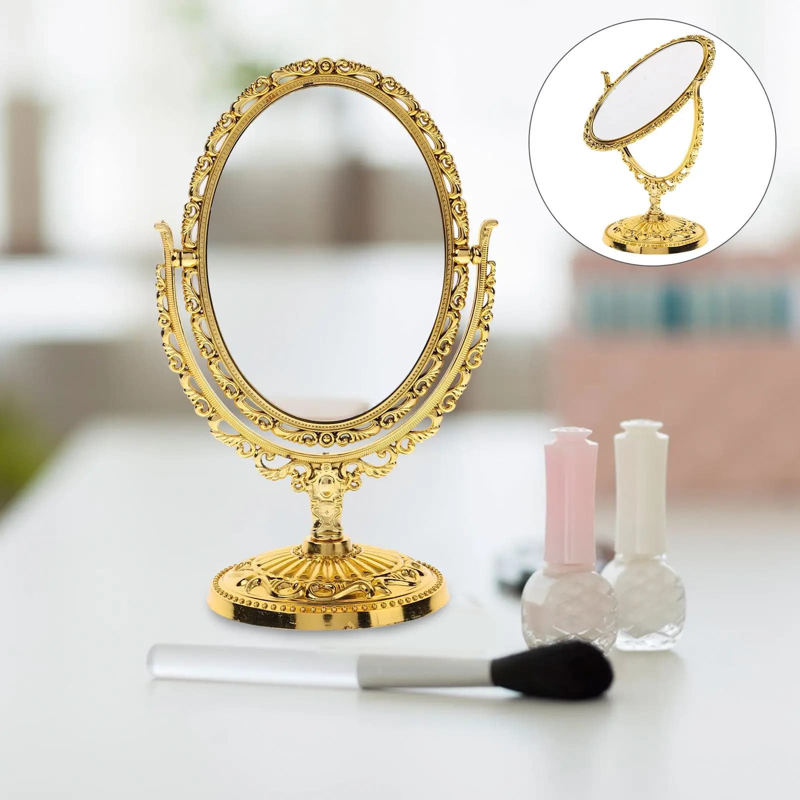 Miroir de maquillage rotatif Vintage ovale rotatif avec cadre doré Abs miroir de maquillage de burea