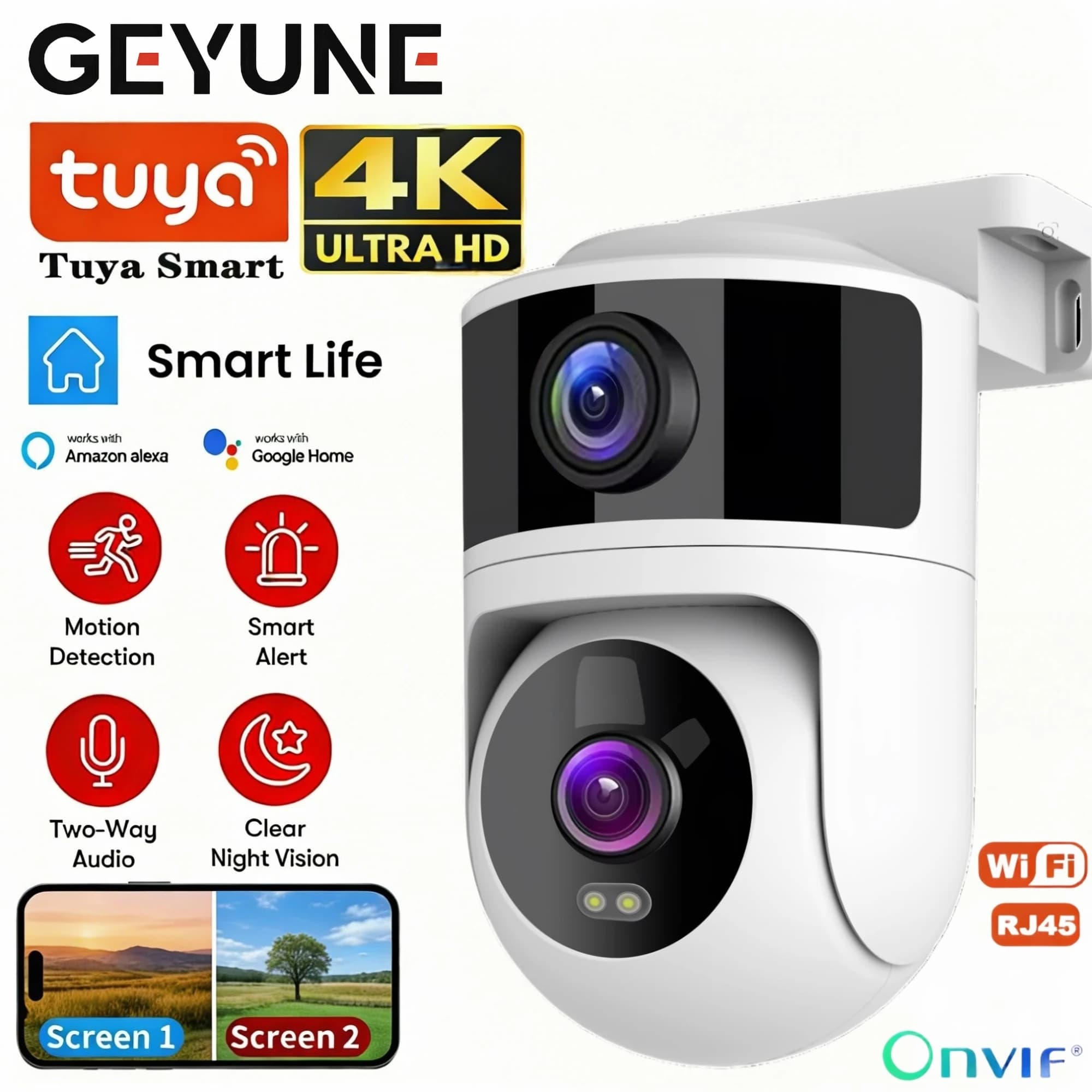 Caméra IP Wifi Tuya 4K avec Alexa Google Onvif NVR, caméra à double objectif PTZ extérieure 8MP, dou