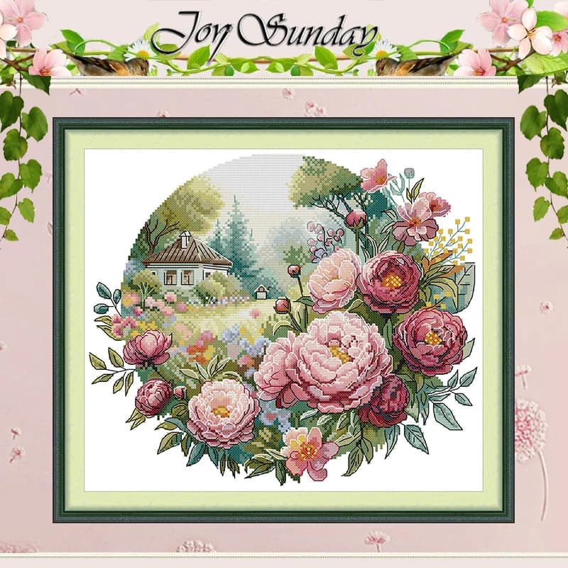 Kit de Broderie Point de Croix Pré-imprimé HD avec Motifs Fleurs Roses et Maisons, DIY 11CT 14CT 16C