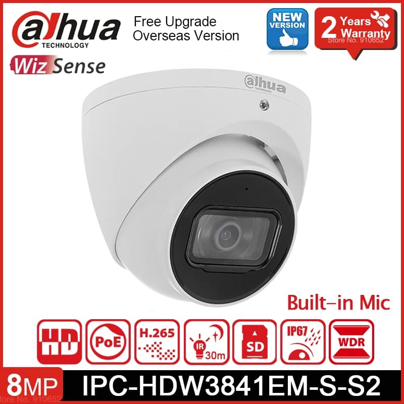 Dahua IPC-HDW3841EM-S-S2 8MP WizSense dôme caméra de Surveillance IP POE globe oculaire IR 30m micro