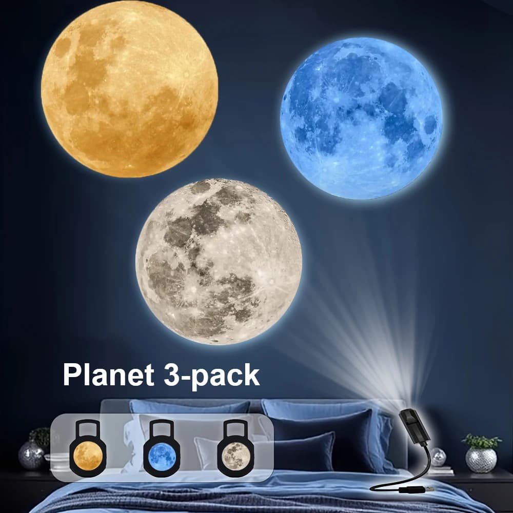 Lampe de Projection LED Planètes et Lune 5V USB 3 Couleurs, Veilleuse d'Ambiance Lunaire pour Décora
