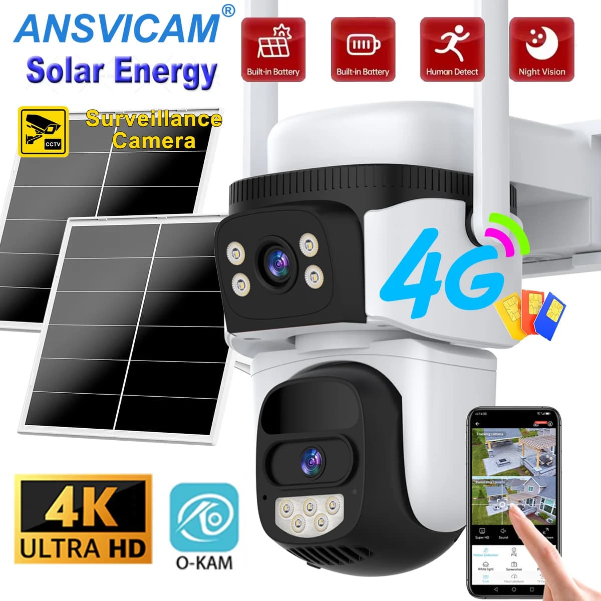 Caméra de sécurité solaire 4G à double objectif 4K 8MP sans fil PTZ extérieure avec surveillance vid