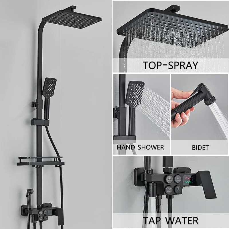 Ensemble de douche à affichage numérique avec bouton, colonne de douche pluie chromée, température c