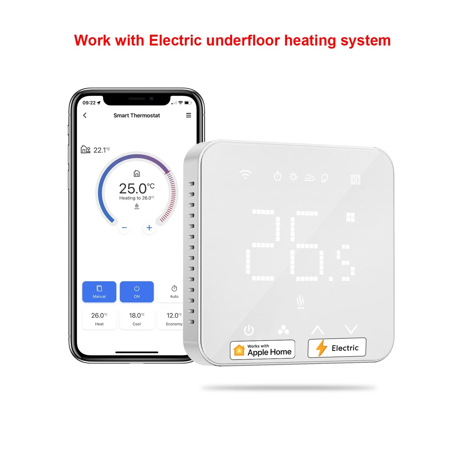 Thermostat WiFi intelligent Meross pour système de chauffage électrique par le sol, écran tactile, f