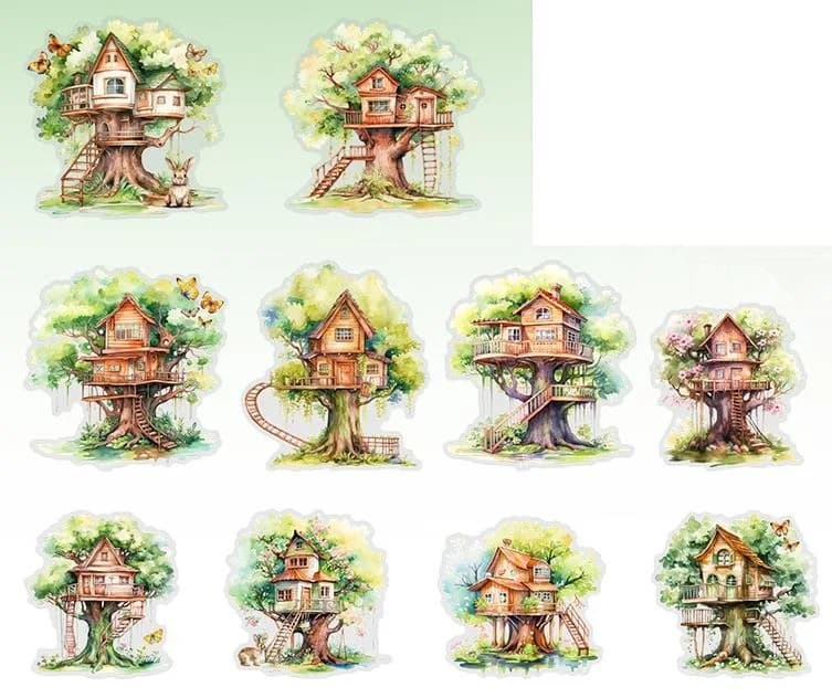 Autocollant Transparent en PVC, maisons d'arbres de grande taille dans la forêt, étiquette de décora
