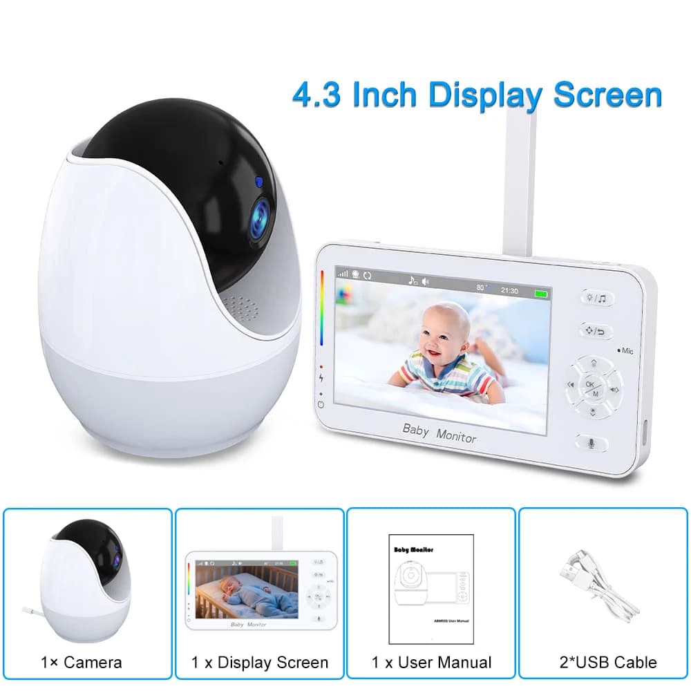 Moniteur vidéo pour bébé, écran 4.3 pouces, Mini caméra d'intérieur, veilleuse PTZ, suivi automatiqu