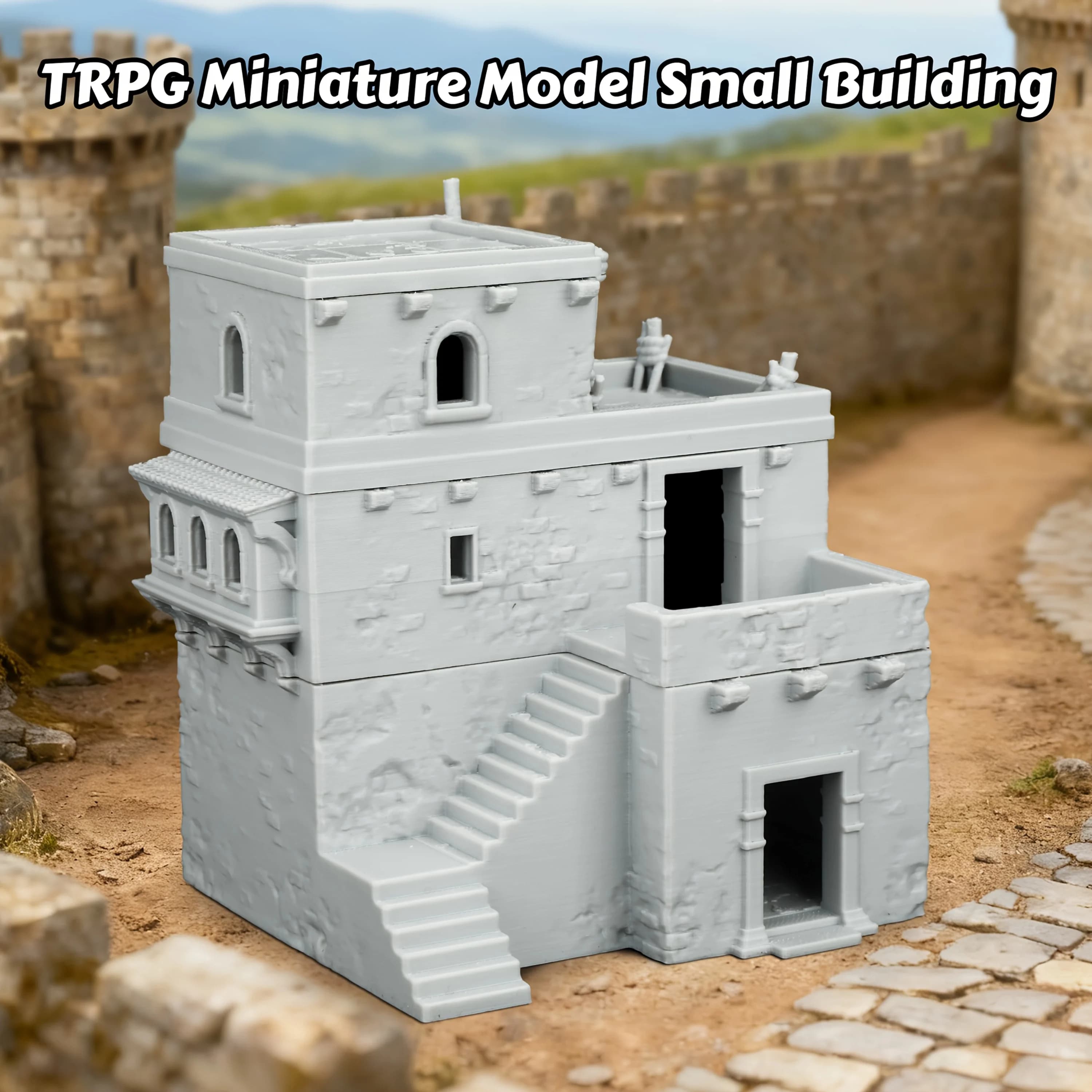 Bâtiment miniature TRPG - Maison en pierre avec balcon et escalier, maison en pierre pour scènes de