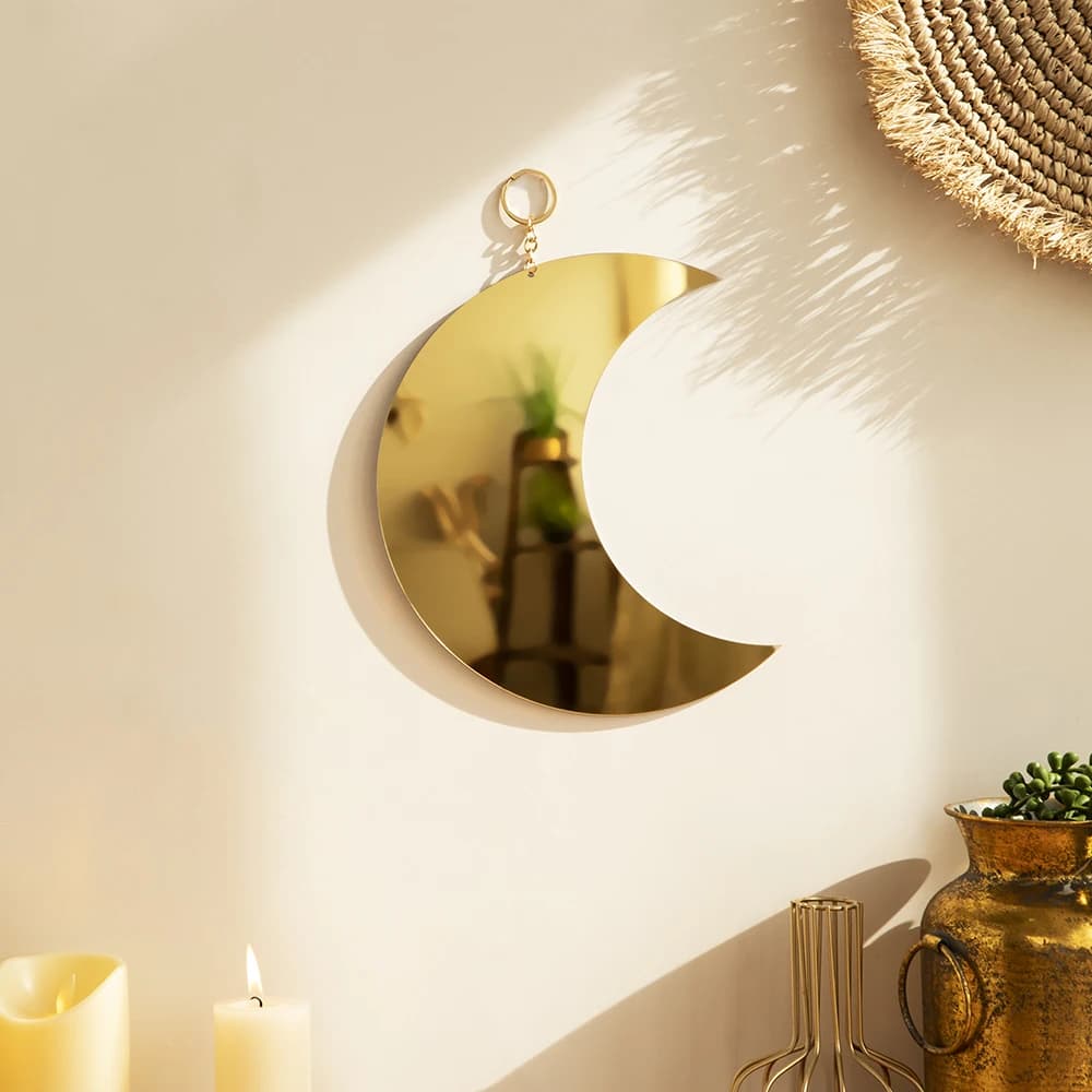 Miroir de maquillage lune doré en acrylique, miroir décoratif suspendu pour mur, chambre à coucher,
