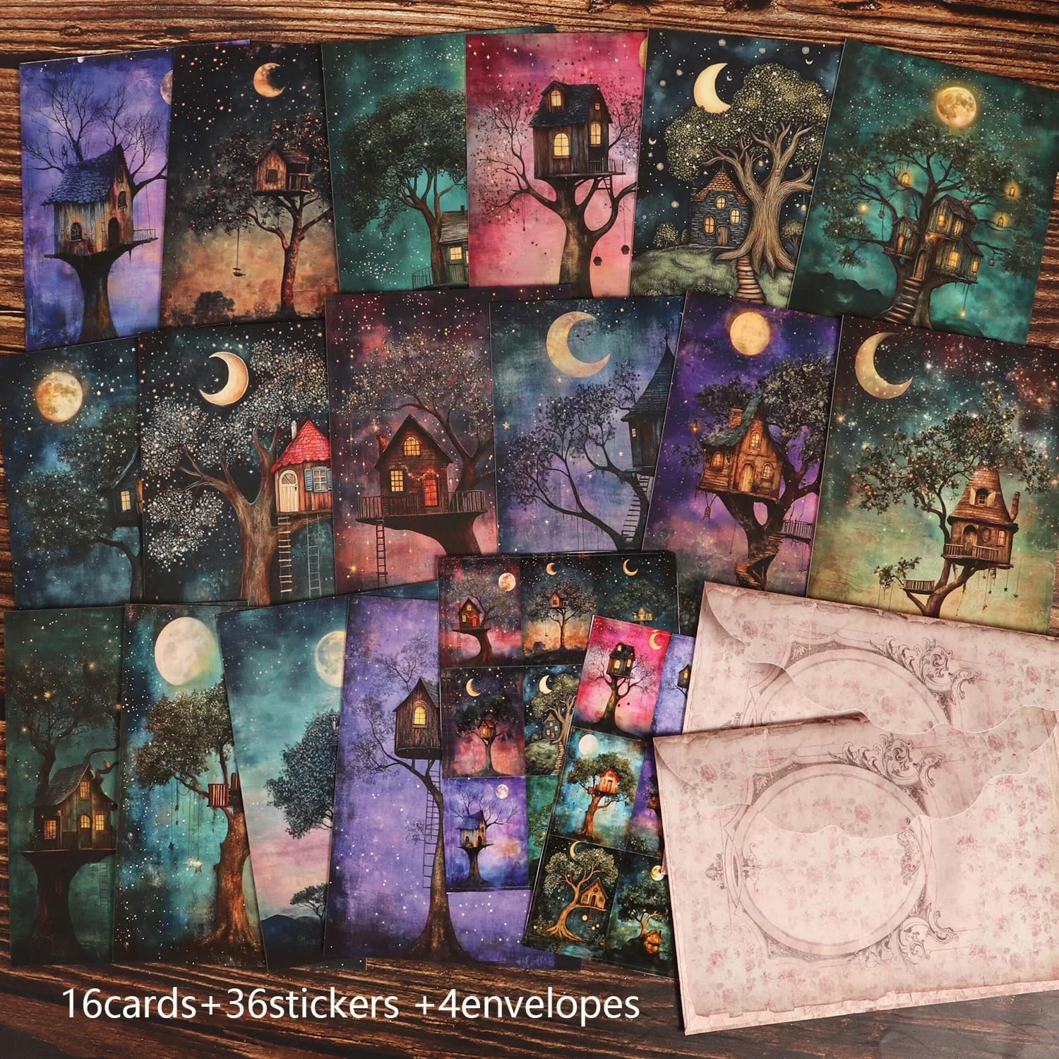 16 cartes, 4 enveloppes, 36 autocollants Fantasy Tree House, ensemble de carton de peinture inscript