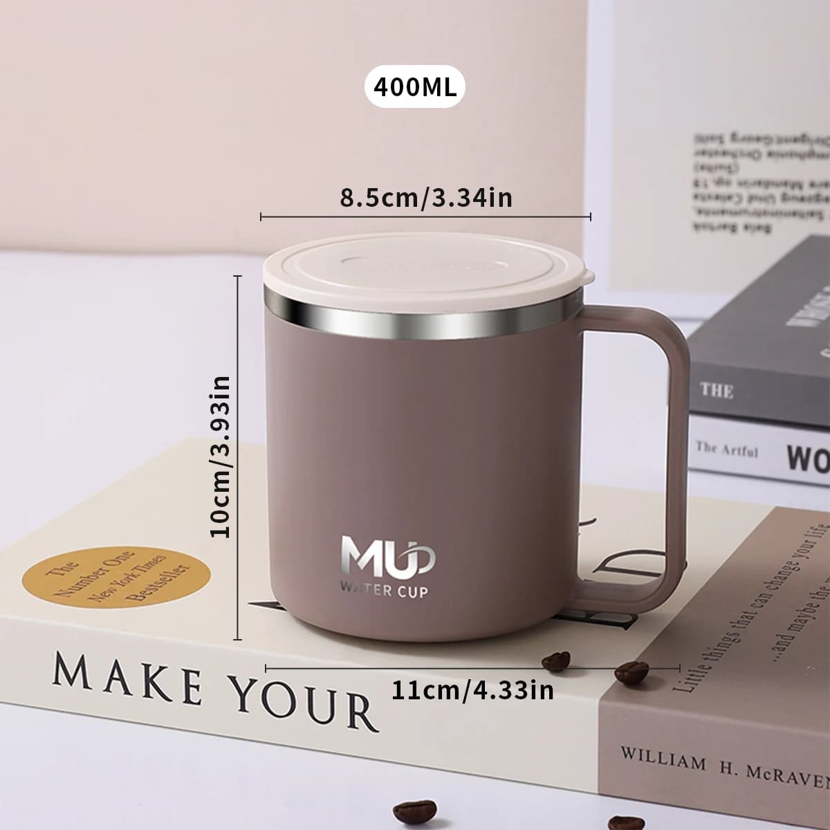 Tasse à café isolée de 400ML avec couvercle, tasse d'eau à Double paroi en acier inoxydable 304, tas