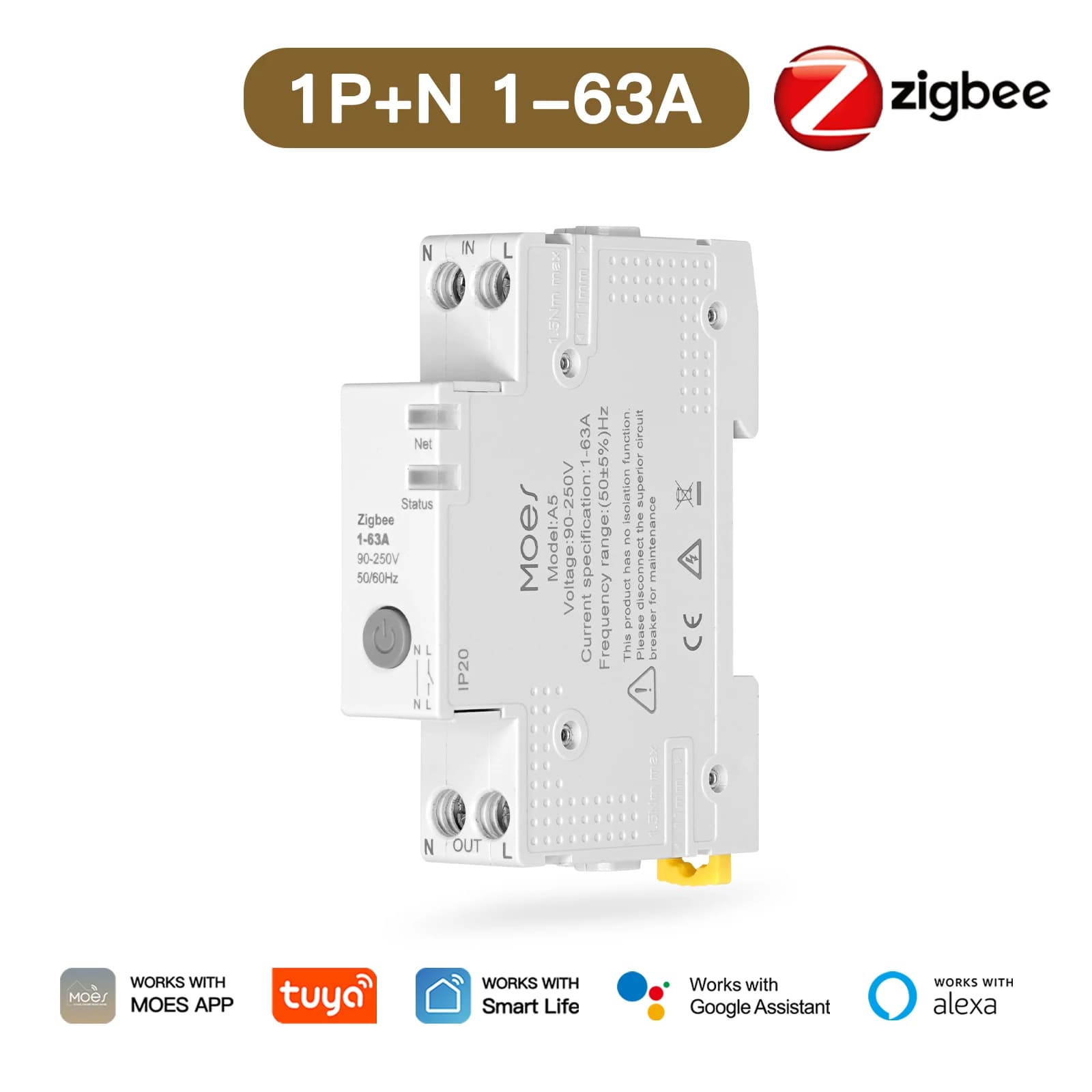 MOES Tuya Zigbee disjoncteur intelligent 63A ensemble de seuil d'alarme moniteur d'électricité V0 ig