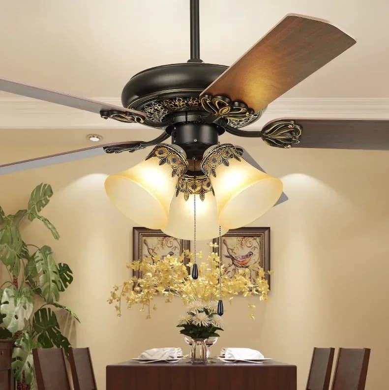 Plafonnier LED en bois avec ventilateur électrique et télécommande, style américain et rural, rétro,