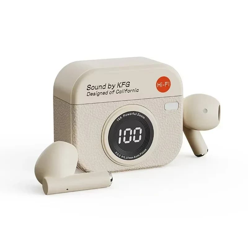Écouteurs sans fil Bluetooth, caméra rétro, affichage créatif du niveau de batterie, casque de musiq
