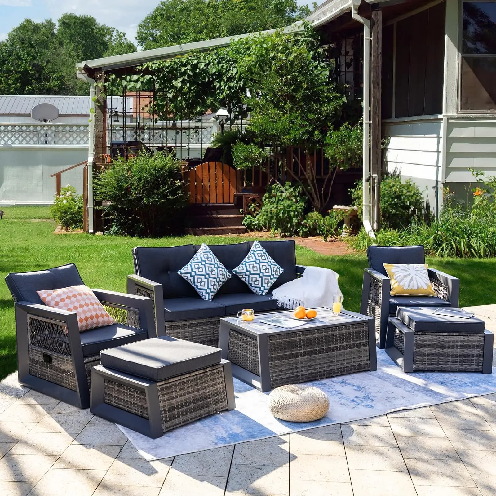 Meubles de patio en aluminium, canapé d'extérieur moderne, canapé de jardin en rotin avec table bass