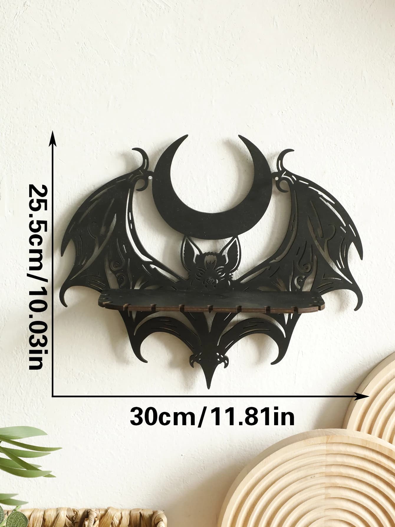 Étagère murale en bois noire pour Halloween, gothique, chauve-souris, lune, motif creux, support en