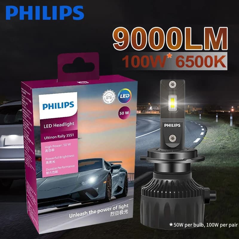 Ampoule LED Philips Ultinon Rally 3551 H4 H7 H11 HB3/4 9006 9005 HIR2 pour phares de voiture, 6500K